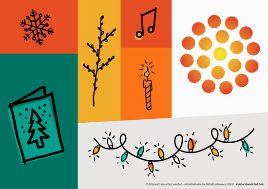 Postkarte mit weihnachtlichen grafischen Elementen, darunter das Logo der Fundación Goethe.