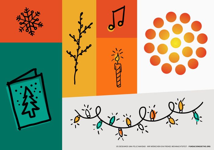 Postkarte mit weihnachtlichen grafischen Elementen, darunter das Logo der Fundación Goethe.